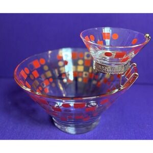 MCM Vtg Anchor Hocking 2 Tier Chip and Dip Bowl Set Geometric Red Gold